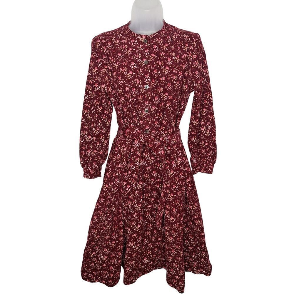 Vintage 70s Laura Ashley Shirt Dress 12 Corduroy Ditsy Floral Prairie Cottage